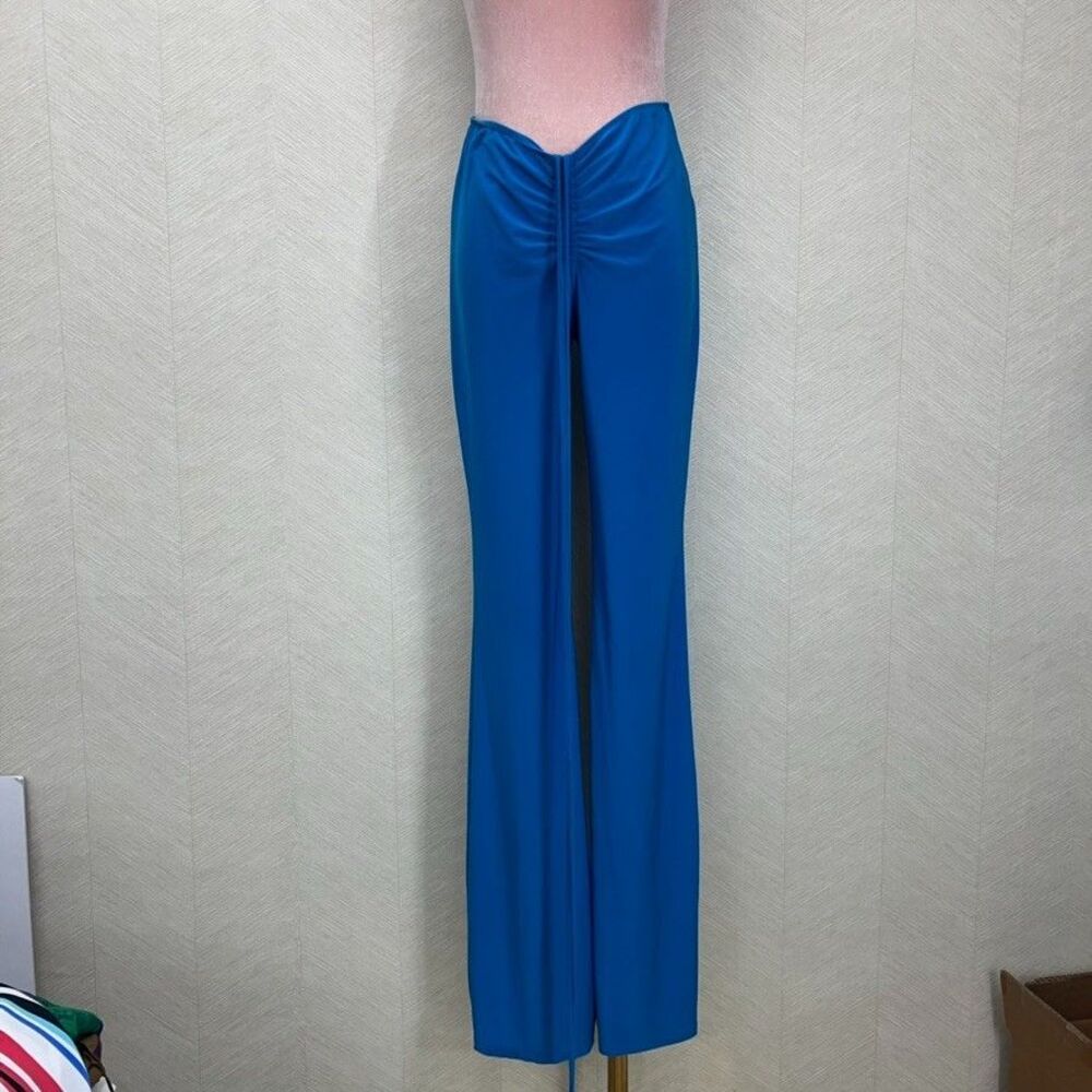 Tresser Stretch Blue Ruched Tie-Front Wide Leg Pants Womens Size Medium